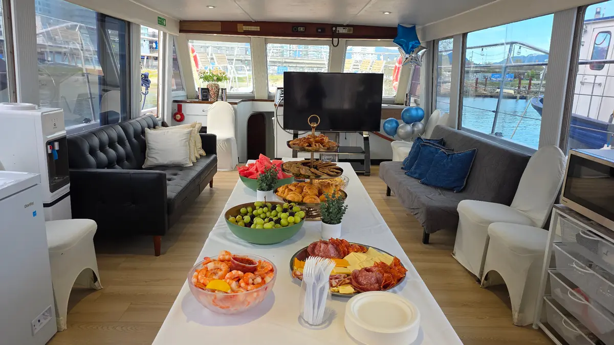 Catered spread in Joy's interior lounge