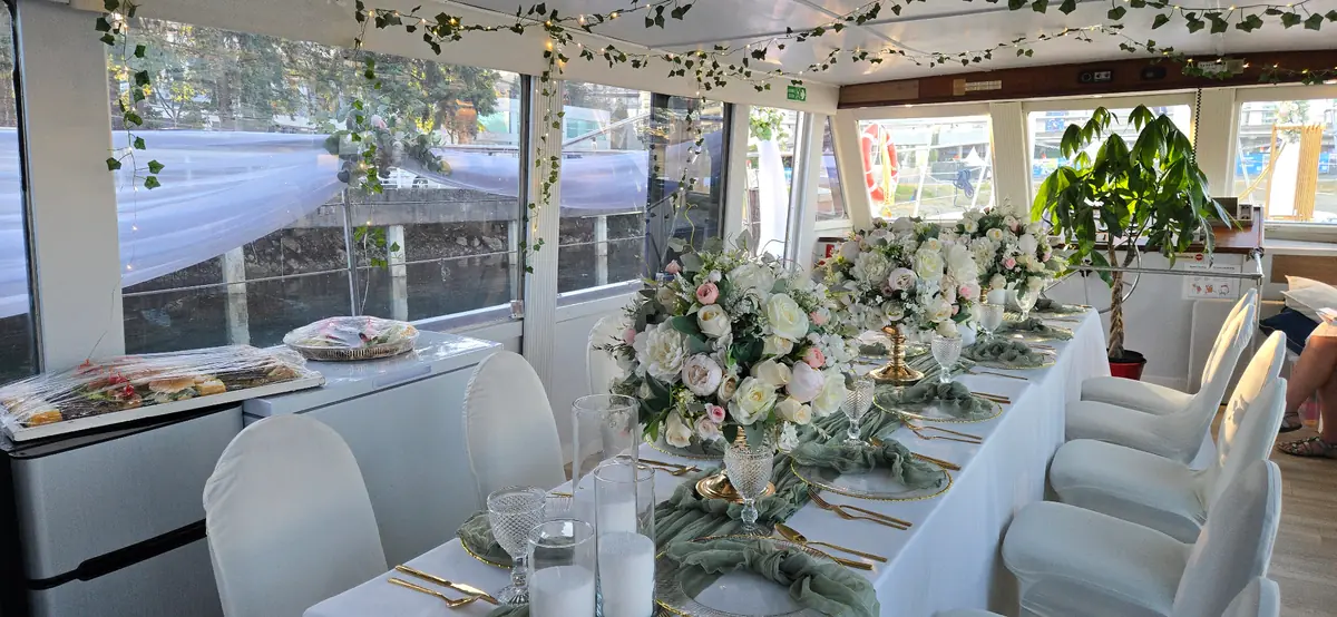 Elegant tablescape set aboard Joy
